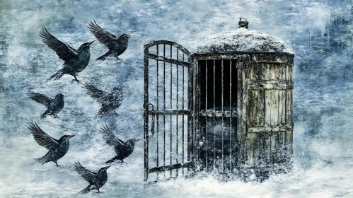 Birds Leaving Cage in Winter Scene