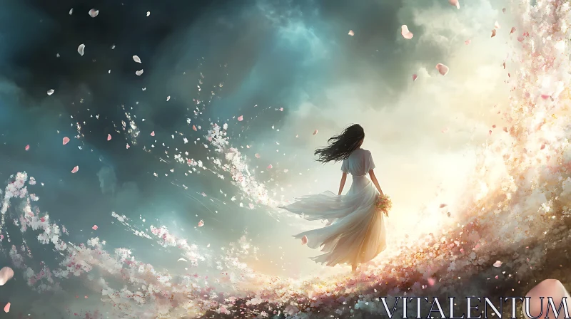 Dreamy Woman with Falling Petals Artwork