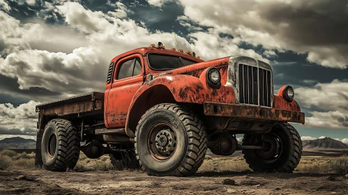 Weathered Red Truck in Desert Landscape
