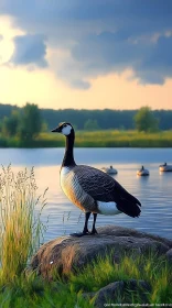 Goose and Ducks at Sunset