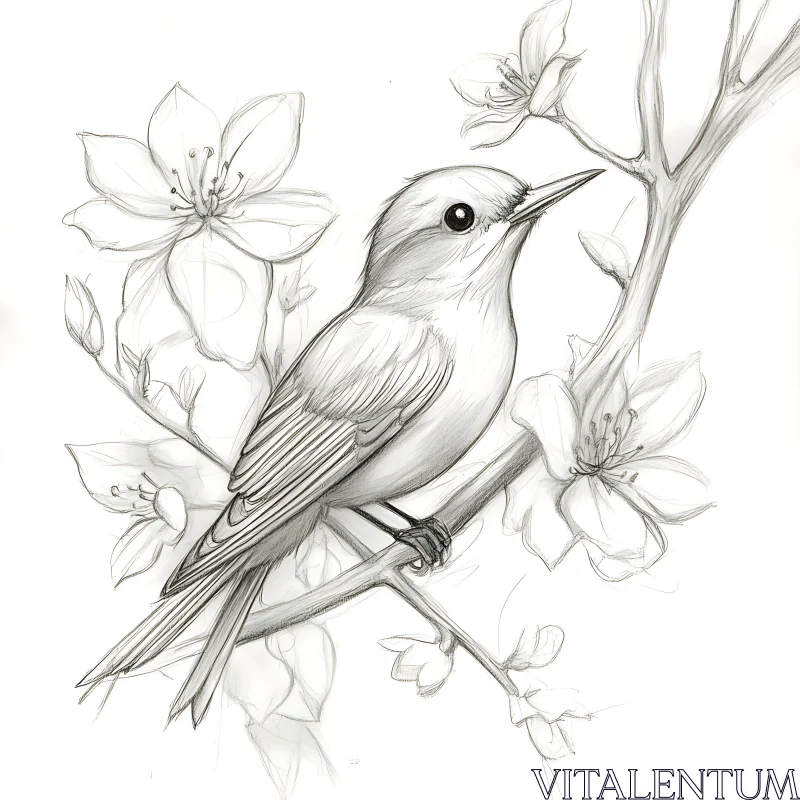 Monochrome Bird on Floral Branch