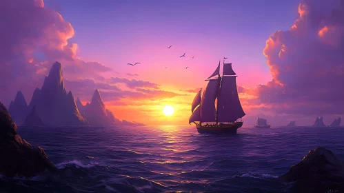 Ocean Sunset with Sailing Boat