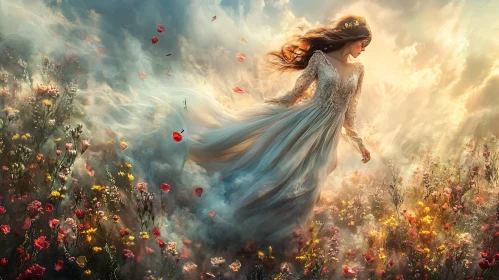 Lady in Dress Surrounded by Flowers