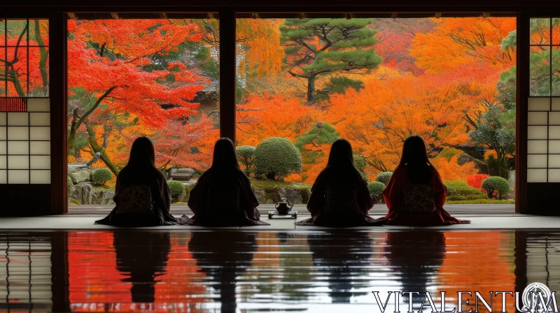 Japanese Geishas by a Window: Vibrant Nature Colors and Balanced Symmetry AI Image
