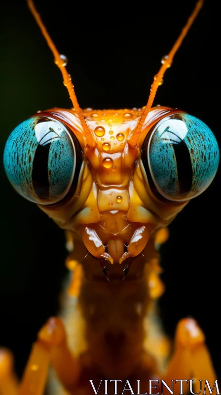 Praying Mantis with Blue Eyes and Water Drops - Surrealistic Art AI Image