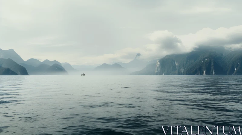 Serene Boat Journey Amidst Foggy Mountains AI Image