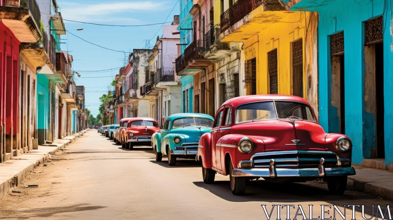 Vintage Cuban Street Scene with Classic American Cars AI Image