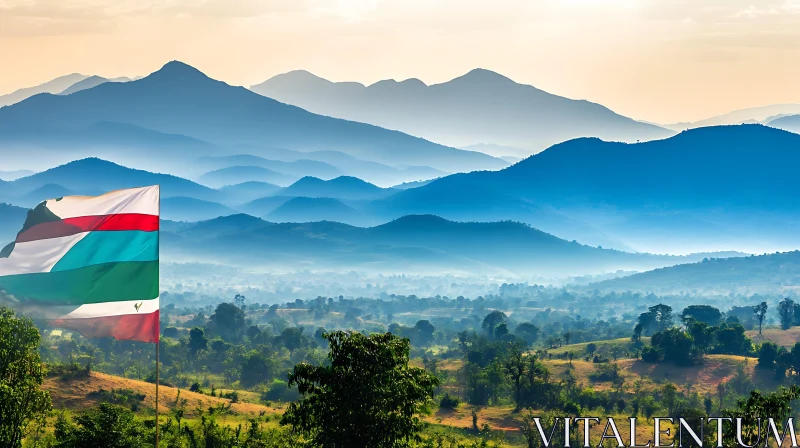 Scenic Mountain Landscape with Flag AI Image