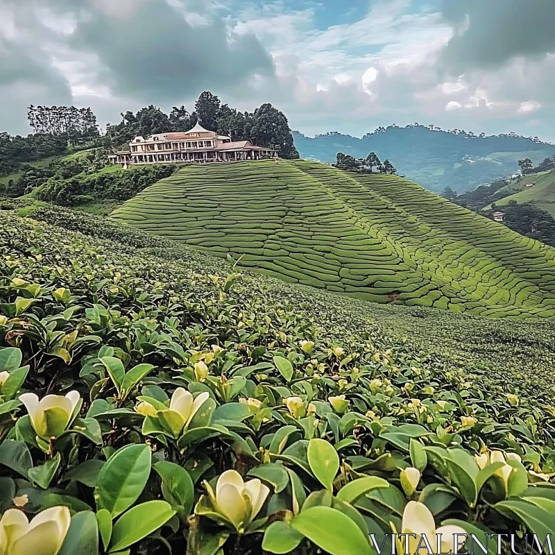 Lush Green Tea Fields and Colonial House AI Image