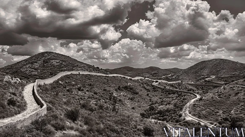 Serpentine Stone Wall in Hilly Landscape AI Image