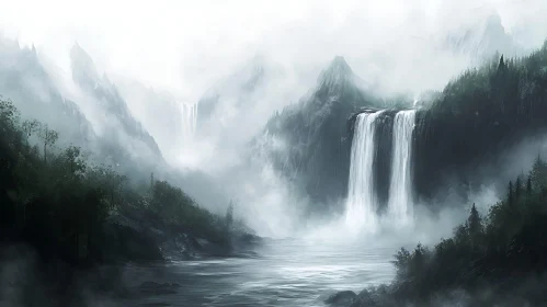 Serene Waterfall in Misty Mountain Valley