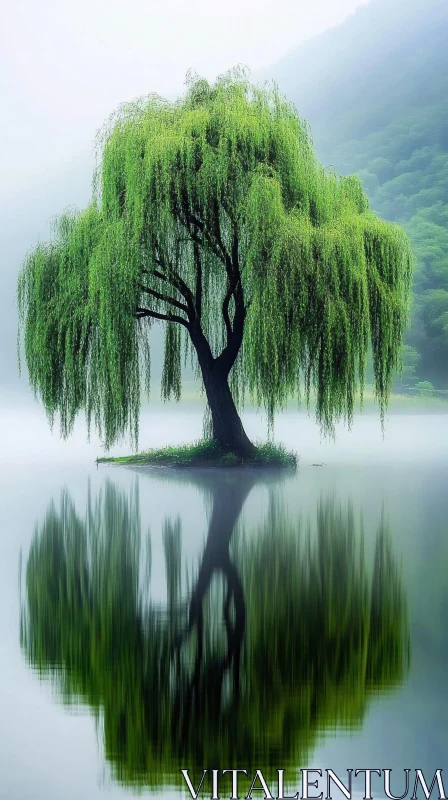 AI ART Solitary Willow in Misty Reflections