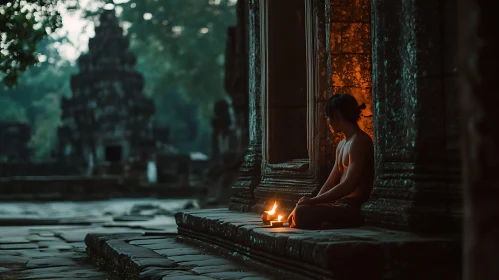 Candlelit Contemplation in Temple Ruins