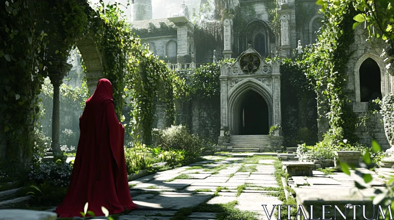 Red Cloak at Overgrown Ruins AI Image