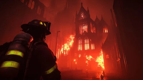 Heroic Firefighter Fights Flames in Gothic Cathedral