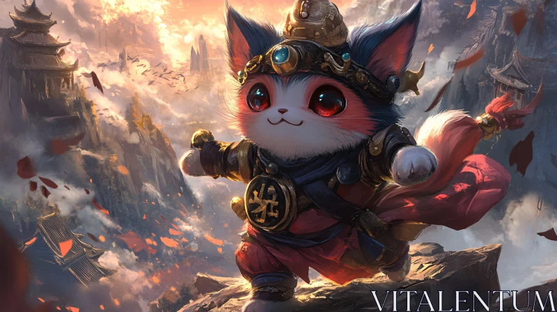 AI ART Armored Feline Warrior in Misty Landscape