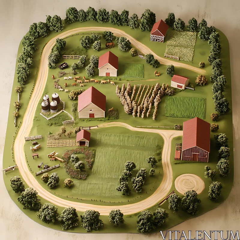 AI ART Miniature Farm Landscape with Barns and Fields