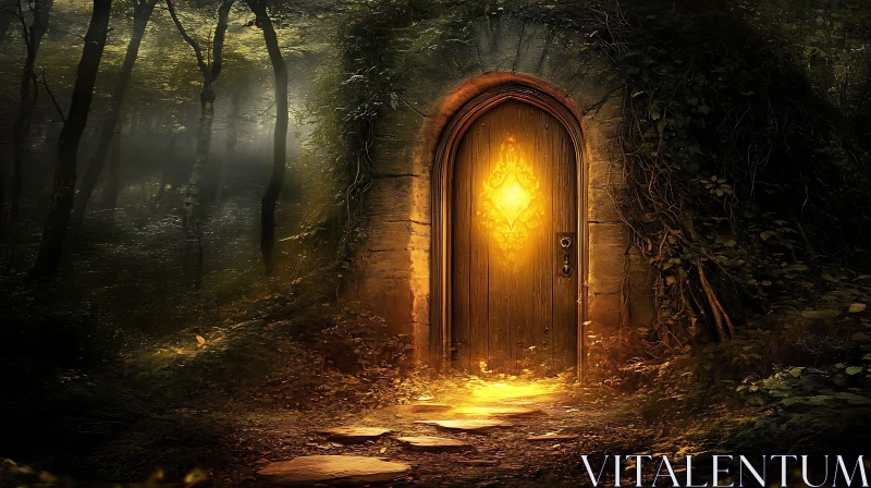 Mystical Glowing Door in Forest Scene AI Image