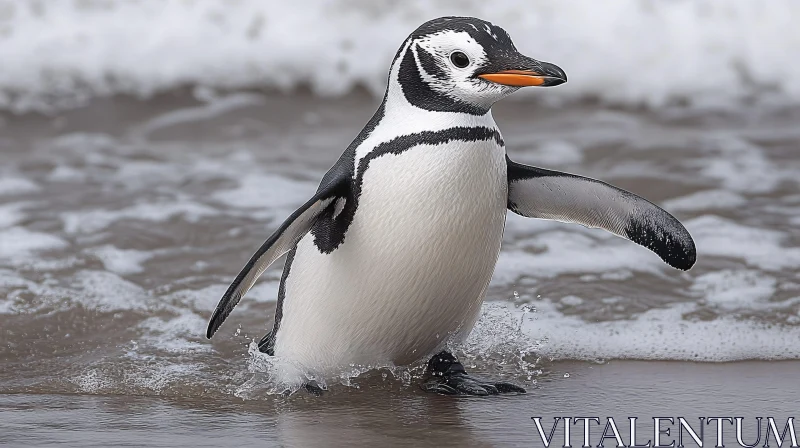 Penguin Walking on Sandy Shore AI Image