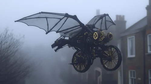 Mechanical Dragon Soaring Through Fog