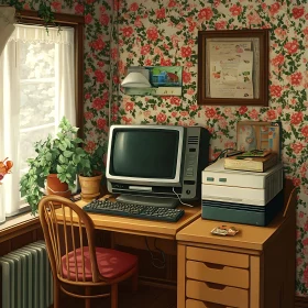 Retro Interior with Old Computer and Floral Wallpaper