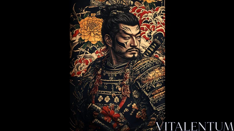 Japanese Warrior Illustration with Flowers AI Image