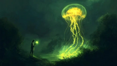 Glowing Jellyfish in Mystic Landscape