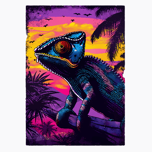 Chameleon Sunset T-Shirt Design – Tropical and Retro Inspired POD Design