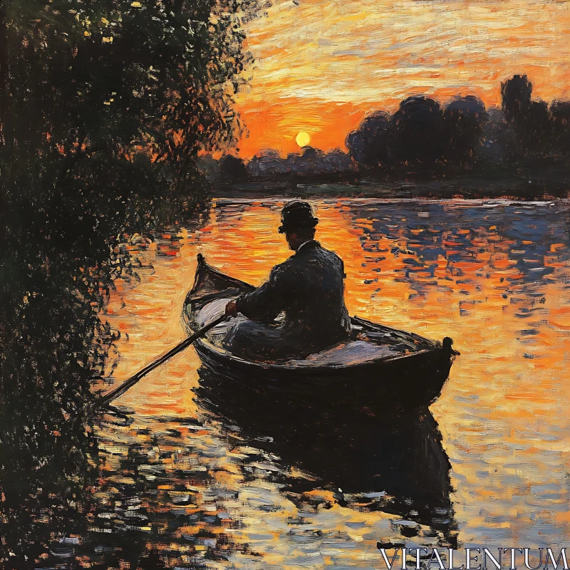 Man Rowing Boat at Sunset Painting AI Image