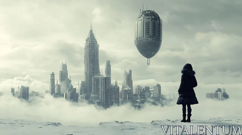 AI ART Woman Gazing at Misty Future City
