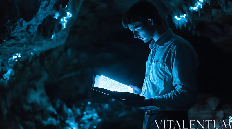 AI ART Ethereal Reader: Man in Blue Cave