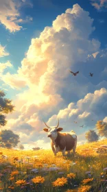 Golden Pasture with Cow and Cloud-Studded Sky