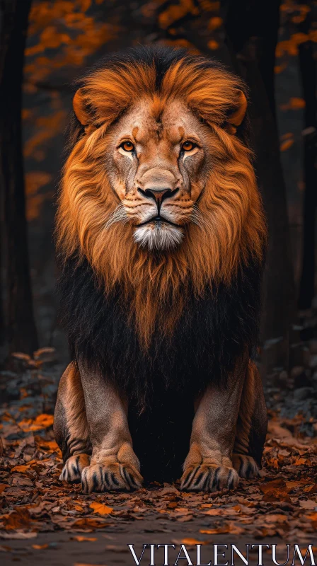 Regal Lion Amidst Fall Leaves AI Image