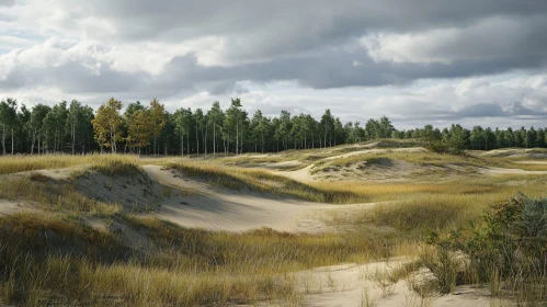 Peaceful Sand Dunes with Forest and Cloudy Sky