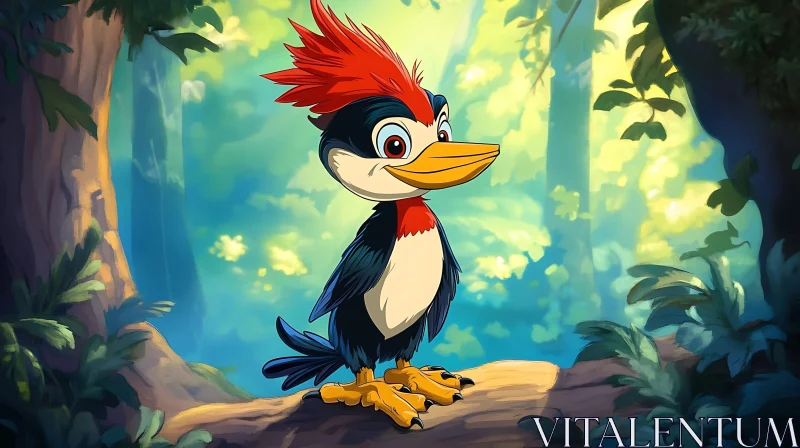 AI ART Cartoon Woodpecker in Sunny Forest Glade