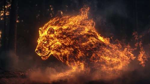 Flaming Lion in the Depths of the Forest