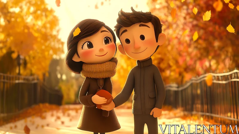 AI ART Autumn Romance: A Cartoon Couple's Stroll