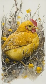 Illustrated Hen in a Field