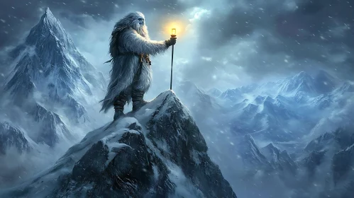 Snowy Mountain Guardian with Torch