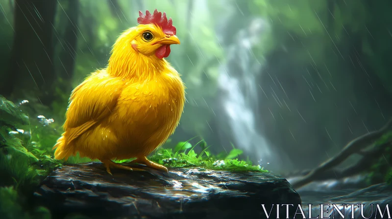 Golden Hen Amidst Rainy Woods AI Image