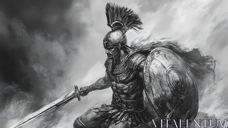 AI ART Grayscale Warrior with Sword and Shield