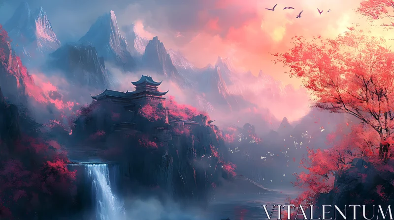 AI ART Mountain Pagoda with Waterfall Scenery