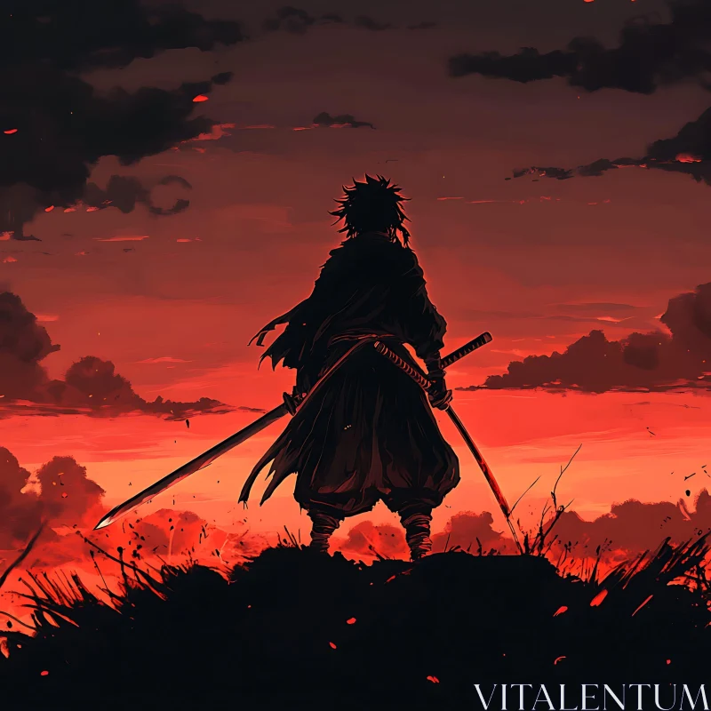 AI ART Silhouette of Warrior with Swords in Red Sunset