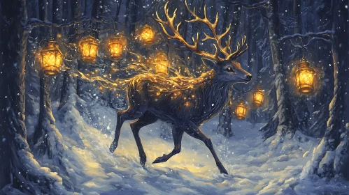 Deer in Snowy Forest with Lanterns