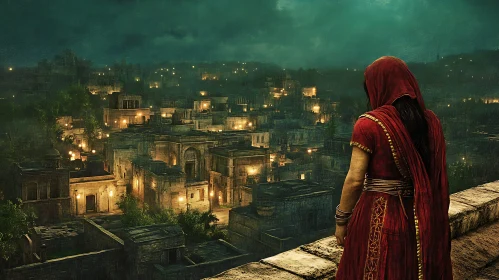 Night View of City with Red Saree