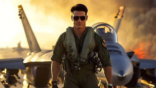 Man in Pilot Uniform with Fighter Jet