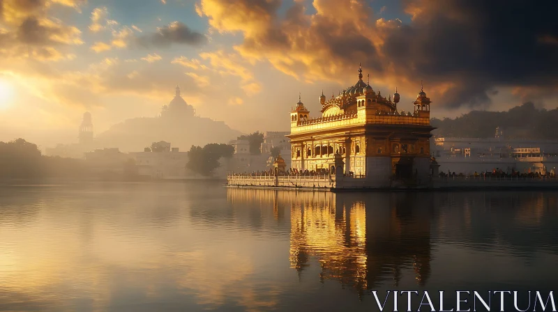 AI ART Golden Temple Reflection in Lake at Sunrise