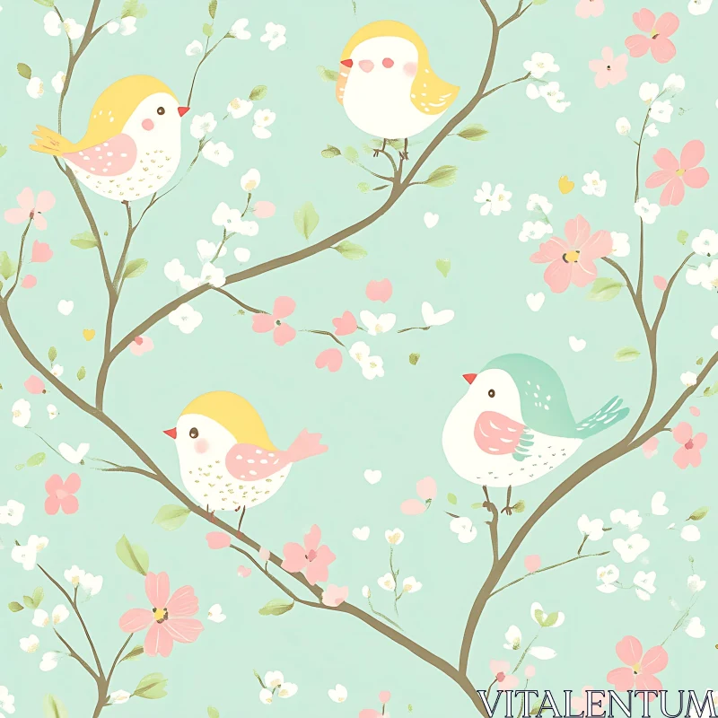 Pastel Birds on Flowering Branches AI Image