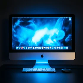 Sleek iMac Setup with Blue Light and Nebula Wallpaper