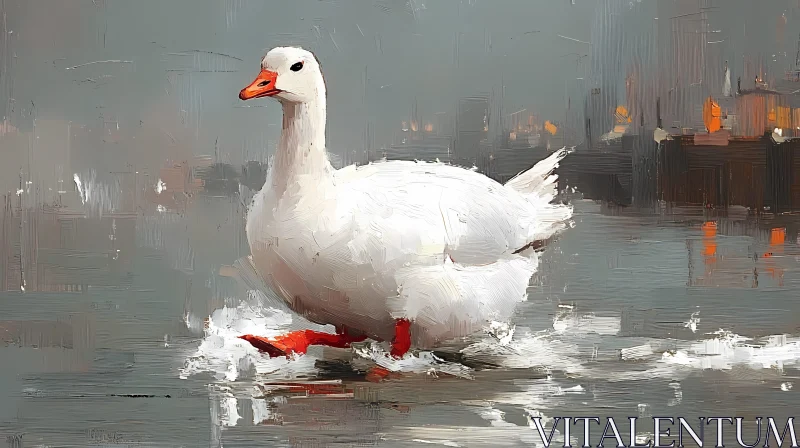 White Goose in Reflective Waterscape AI Image